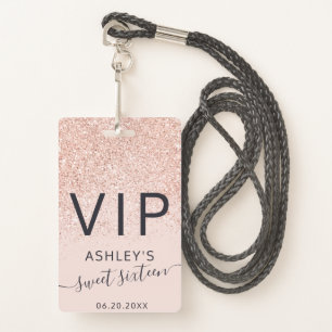 Rose gold glitter typography blush Sweet 16 VIP Badge