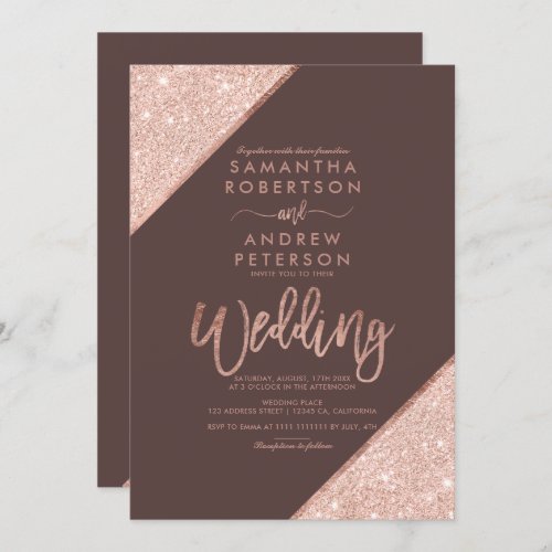 Rose gold glitter typography brown wedding invitation