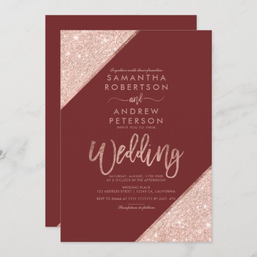 Rose gold glitter typography burgundy wedding invitation