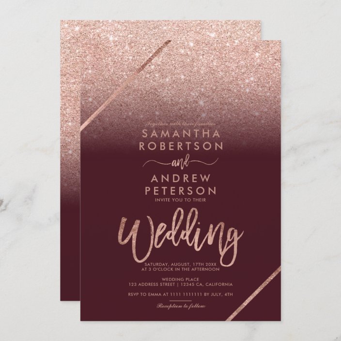 Rose gold glitter typography burgundy wedding invitation | Zazzle.com