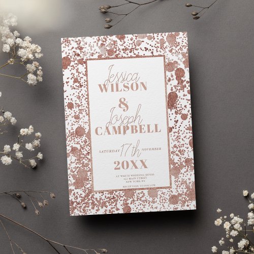 Rose gold glitter typography confetti wedding invitation