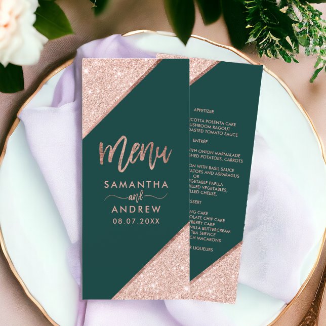 Rose gold glitter typography green wedding menu (Rose gold glitter typography green wedding menu)