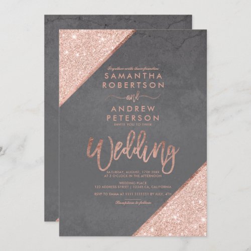 Rose gold glitter typography grey cement wedding invitation