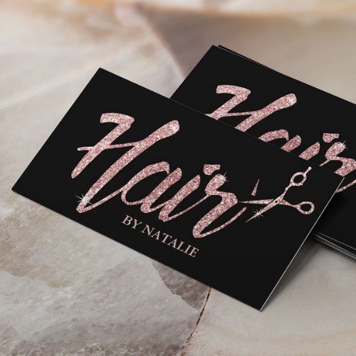 Rose Gold Glitter Typography Hair Salon Black Business Card