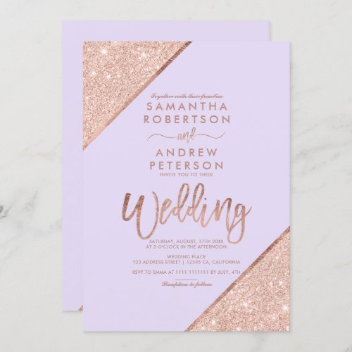 Rose gold glitter typography lavender wedding invitation