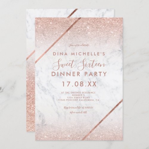 Rose gold glitter typography marble sweet 16 invitation