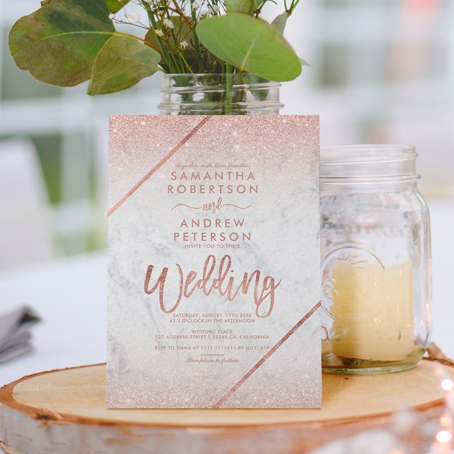 Rose gold glitter typography marble wedding invitation