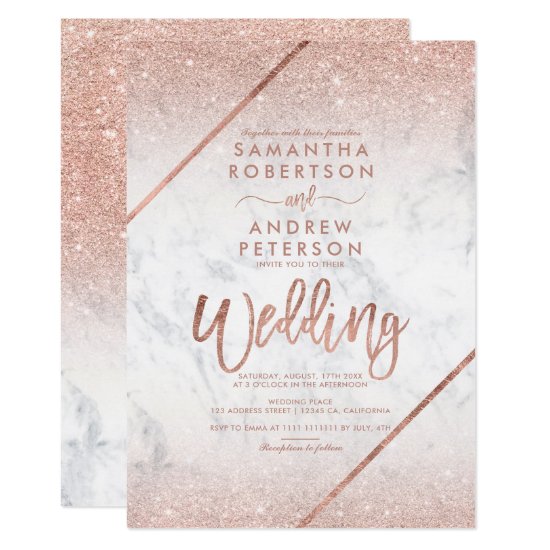 Rose gold glitter typography marble wedding invitation