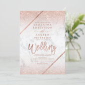 Rose gold glitter typography marble wedding invitation (Standing Front)