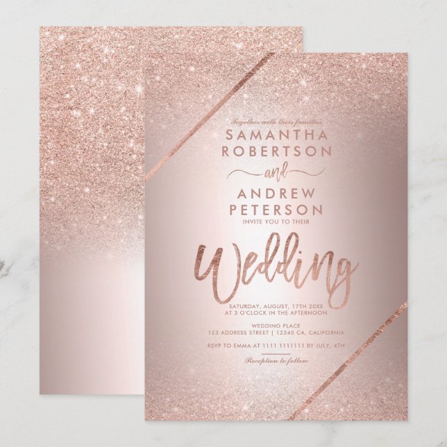 Rose gold glitter typography metallic foil wedding invitation (Front/Back)