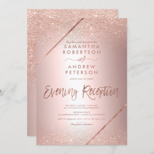 Rose gold glitter typography metallic foil wedding invitation
