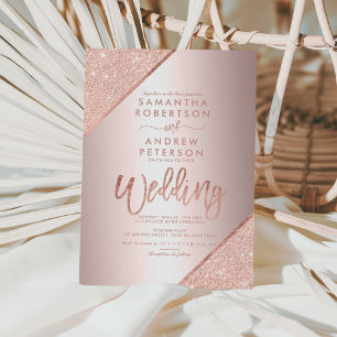 Rose gold glitter typography metallic foil wedding invitation
