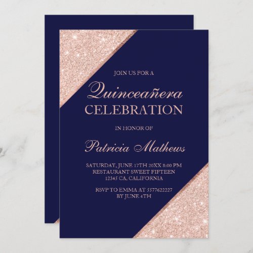 Rose gold glitter typography navy blue Quinceanera Invitation