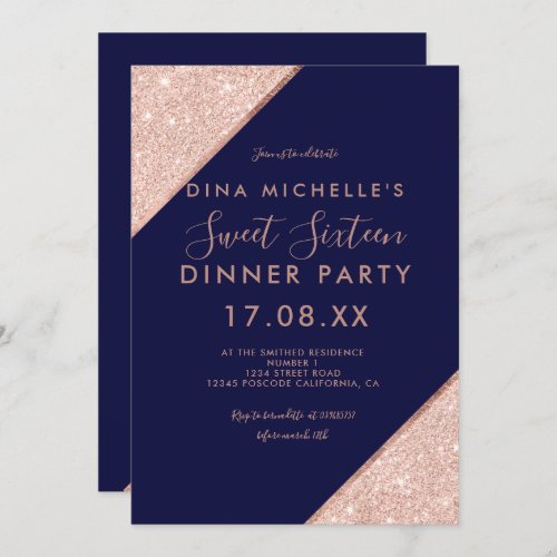 Rose gold glitter typography navy blue sweet 16 invitation