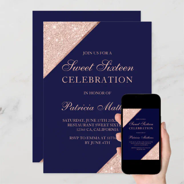 Rose Gold Glitter Typography Navy Blue Sweet 16 Invitation Zazzle