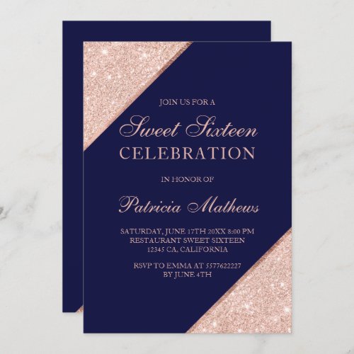 Rose gold glitter typography navy blue Sweet 16 Invitation