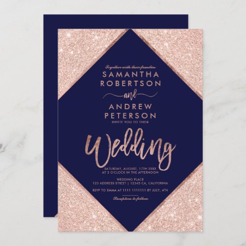 Rose gold glitter typography navy blue wedding 2 invitation