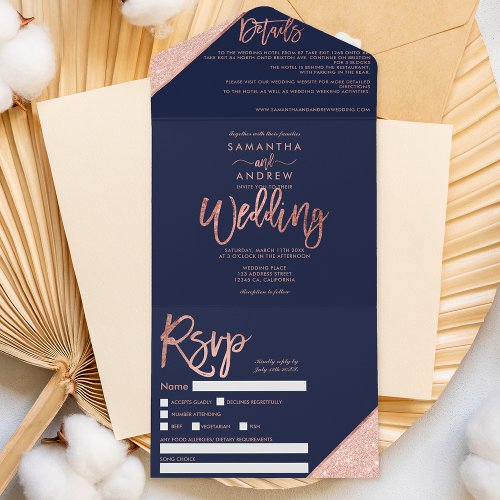Rose gold glitter typography navy blue wedding all in one invitation