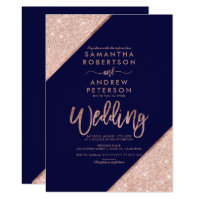 Rose gold glitter typography navy blue wedding invitation