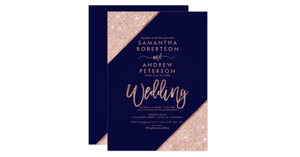 Rose gold glitter typography navy blue wedding invitation