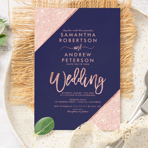 Rose gold glitter typography navy blue wedding invitation