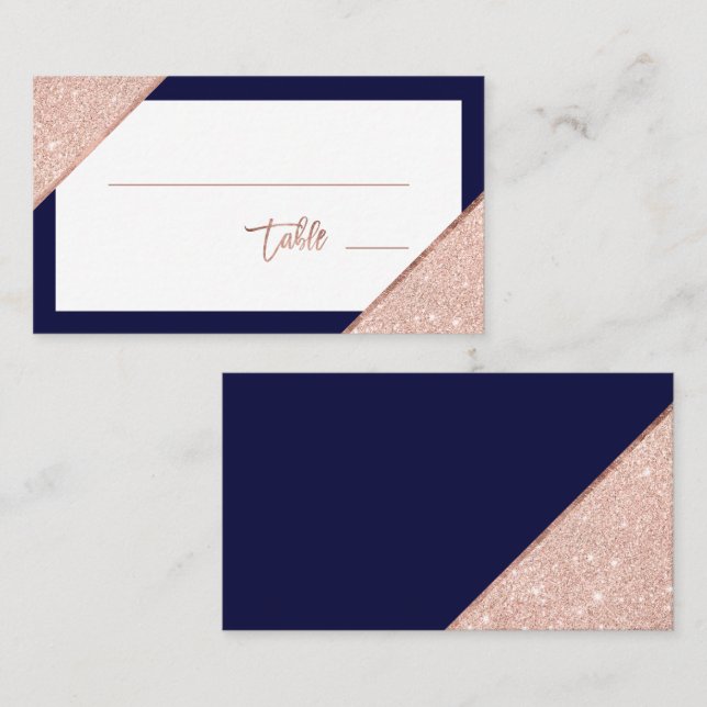 Rose gold glitter typography navy blue wedding place card (Front/Back)