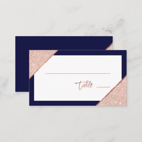 Rose gold glitter typography navy blue wedding place card