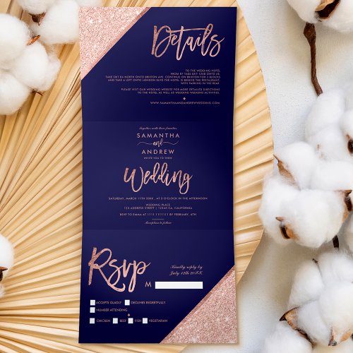 Rose gold glitter typography navy blue wedding Tri_Fold invitation