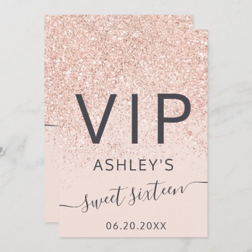 Rose gold glitter typography pink VIP Sweet 16 Invitation