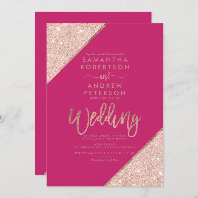 Rose gold glitter typography pink wedding invitation (Front/Back)