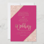 Rose gold glitter typography pink wedding invitation (Front)