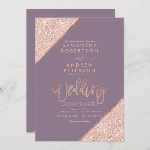 Rose gold glitter typography purple wedding invitation