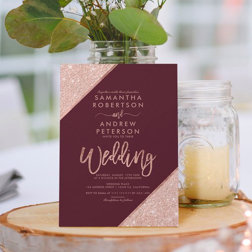 Rose gold glitter typography red burgundy wedding invitation