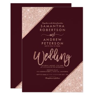 Rose gold glitter typography red burgundy wedding invitation