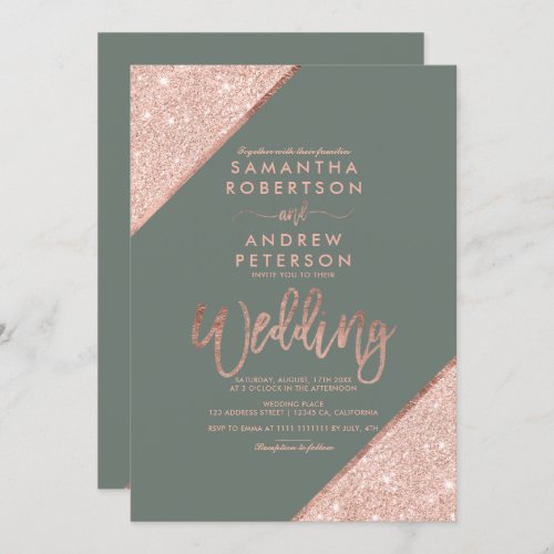 Rose gold glitter typography sage green wedding invitation