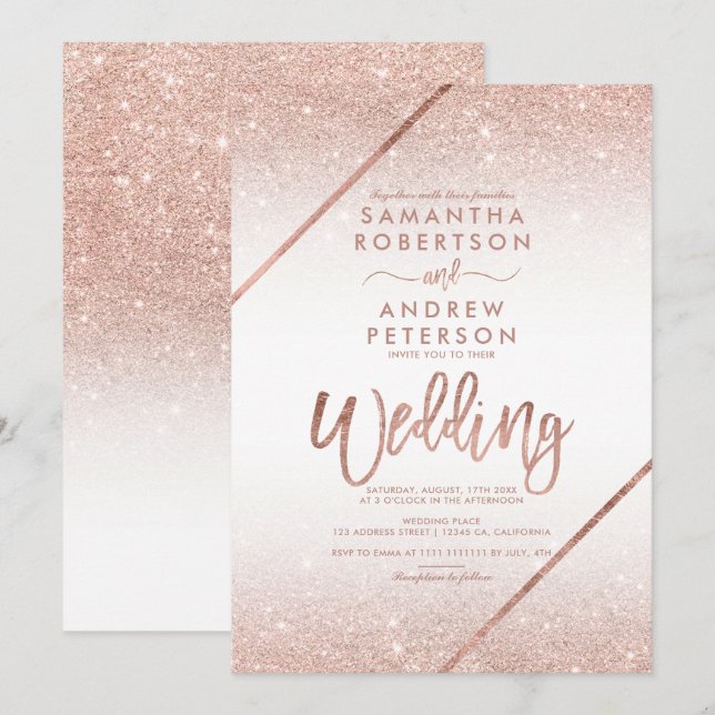Rose gold glitter typography white wedding invitation (Front/Back)