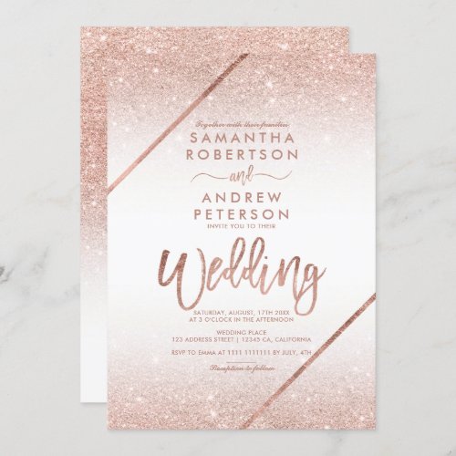 Rose gold glitter typography white wedding invitation
