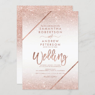 Rose gold glitter typography white wedding invitation