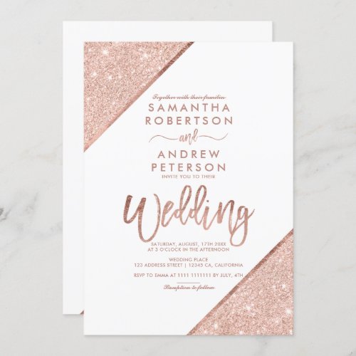 Rose gold glitter typography white wedding invitation