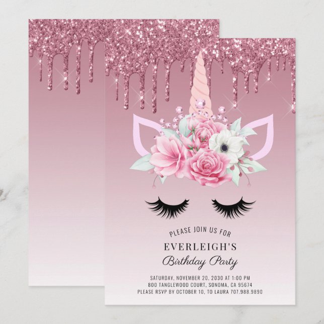 Rose Gold Glitter Unicorn Birthday Party Invitatio Invitation (Front/Back)