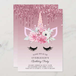 Rose Gold Glitter Unicorn Birthday Party Invitatio Invitation