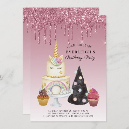 Rose Gold Glitter Unicorn Birthday Party Invitation