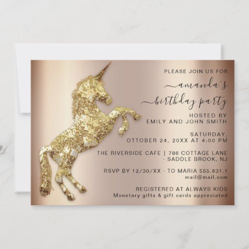  Rose Gold Glitter Unicorn Horse Birthday Party  Invitation