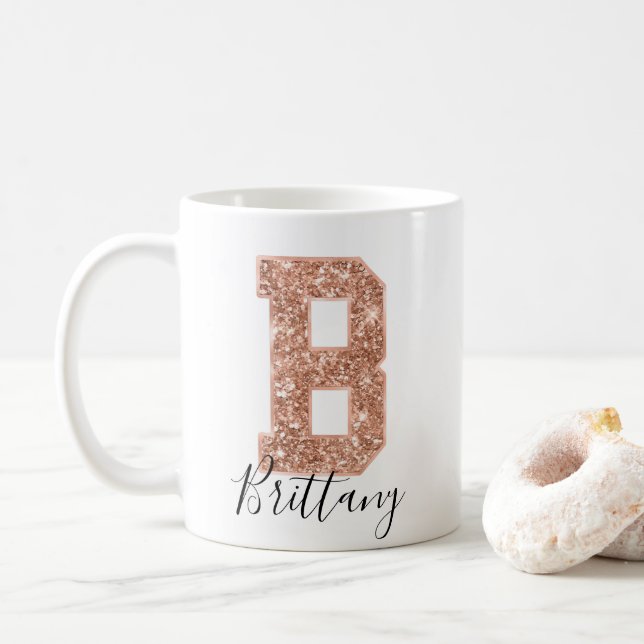 Rose Gold Glitter Varsity Letter Monogram B Coffee Mug (With Donut)