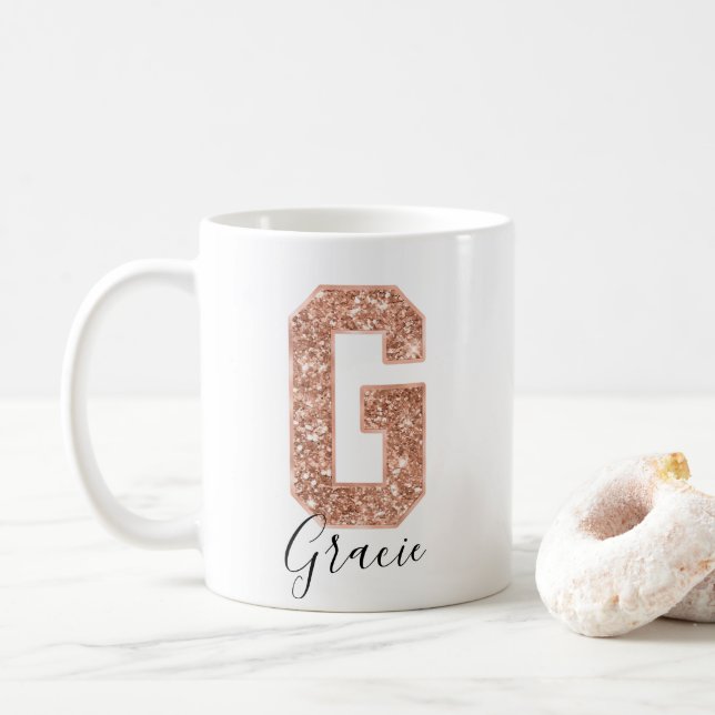 Rose Gold Glitter Varsity Letter Monogram G Coffee Mug (With Donut)