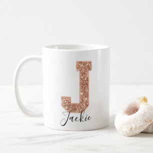 Rose Gold Glitter Varsity Letter Monogram J Coffee Mug