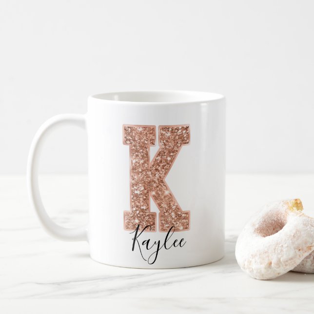 Rose Gold Glitter Varsity Letter Monogram K Coffee Mug (With Donut)
