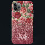 Rose Gold Glitter Vintage Red Pink Rose Floral iPhone 11 Pro Max Case<br><div class="desc">Chic, Elegant, Vintage, Pink, Pale violet red, rose floral personalized name and monogrammed iphone case. Romantic, girly design features vintage floral in pink, pale violet red roses background and a bottom dark rose gold and burgundy glitter overlay. You can customize with your name and monogram initial. If you do not...</div>