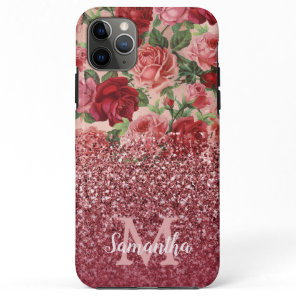 Rose Gold Glitter Vintage Red Pink Rose Floral iPhone 11 Pro Max Case