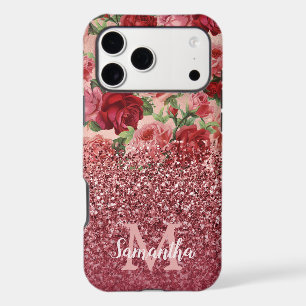 Rose Gold Glitter Vintage Red Pink Rose Floral iPhone 17 Pro Max Case